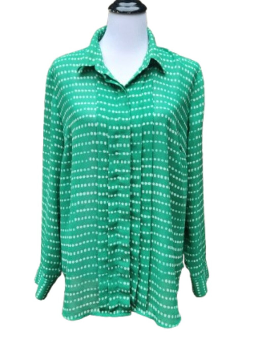 Coldwater Creek Green Chiffon Blouse Dotted Pleats Button-Up Long Sleeves